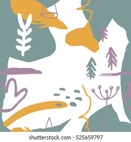 The seamless colorful pattern with shapes, lines, spots, imprints, dots and design elements. Hand drawn overlapping background for your design.Textile, blog decoration, banner, poster, wrapping paper.
