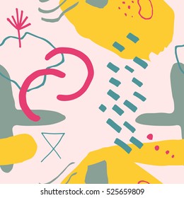 The seamless colorful pattern with shapes, lines, spots, imprints, dots and design elements. Hand drawn overlapping background for your design.Textile, blog decoration, banner, poster, wrapping paper.