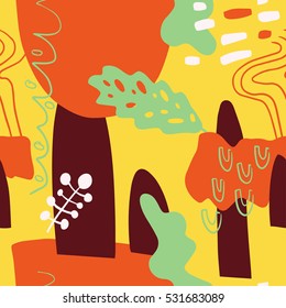 The seamless colorful pattern with shapes, lines, spots, imprints, dots and design elements. Hand drawn overlapping background for your design.Textile, blog decoration, banner, poster, wrapping paper.