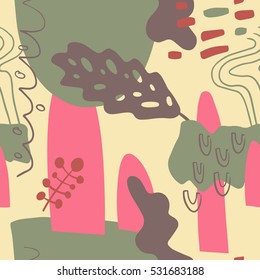 The seamless colorful pattern with shapes, lines, spots, imprints, dots and design elements. Hand drawn overlapping background for your design.Textile, blog decoration, banner, poster, wrapping paper.