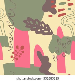The seamless colorful pattern with shapes, lines, spots, imprints, dots and design elements. Hand drawn overlapping background for your design.Textile, blog decoration, banner, poster, wrapping paper.
