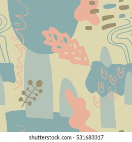 The seamless colorful pattern with shapes, lines, spots, imprints, dots and design elements. Hand drawn overlapping background for your design.Textile, blog decoration, banner, poster, wrapping paper.
