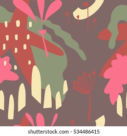 The seamless colorful pattern with shapes, lines, spots, imprints, dots and design elements. Hand drawn overlapping background for your design.Textile, blog decoration, banner, poster, wrapping paper.