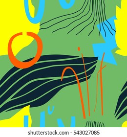 The seamless colorful pattern with shapes, lines, spots, imprints, dots and design elements. Hand drawn overlapping background for your design.Textile, blog decoration, banner, poster, wrapping paper.