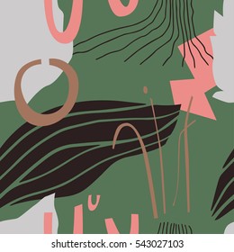 The seamless colorful pattern with shapes, lines, spots, imprints, dots and design elements. Hand drawn overlapping background for your design.Textile, blog decoration, banner, poster, wrapping paper.