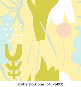 The seamless colorful pattern with shapes, lines, spots, imprints, dots and design elements. Hand drawn overlapping background for your design.Textile, blog decoration, banner, poster, wrapping paper.