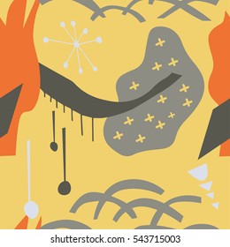 The seamless colorful pattern with shapes, lines, spots, imprints, dots and design elements. Hand drawn overlapping background for your design.Textile, blog decoration, banner, poster, wrapping paper.
