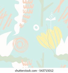 The seamless colorful pattern with shapes, lines, spots, imprints, dots and design elements. Hand drawn overlapping background for your design.Textile, blog decoration, banner, poster, wrapping paper.