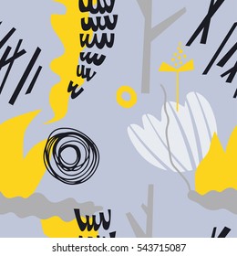 The seamless colorful pattern with shapes, lines, spots, imprints, dots and design elements. Hand drawn overlapping background for your design.Textile, blog decoration, banner, poster, wrapping paper.