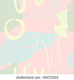 The seamless colorful pattern with shapes, lines, spots, imprints, dots and design elements. Hand drawn overlapping background for your design.Textile, blog decoration, banner, poster, wrapping paper.