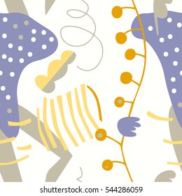The seamless colorful pattern with shapes, lines, spots, imprints, dots and design elements. Hand drawn overlapping background for your design.Textile, blog decoration, banner, poster, wrapping paper.