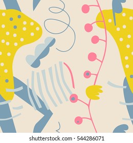 The seamless colorful pattern with shapes, lines, spots, imprints, dots and design elements. Hand drawn overlapping background for your design.Textile, blog decoration, banner, poster, wrapping paper.