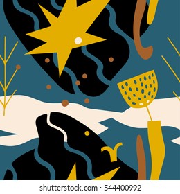 The seamless colorful pattern with shapes, lines, spots, imprints, dots and design elements. Hand drawn overlapping background for your design.Textile, blog decoration, banner, poster, wrapping paper.