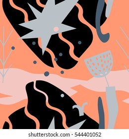 The seamless colorful pattern with shapes, lines, spots, imprints, dots and design elements. Hand drawn overlapping background for your design.Textile, blog decoration, banner, poster, wrapping paper.