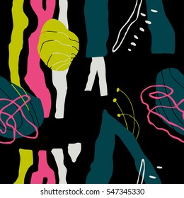 The seamless colorful pattern with shapes, lines, spots, imprints, dots and design elements. Hand drawn overlapping background for your design.Textile, blog decoration, banner, poster, wrapping paper.