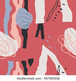 The seamless colorful pattern with shapes, lines, spots, imprints, dots and design elements. Hand drawn overlapping background for your design.Textile, blog decoration, banner, poster, wrapping paper.