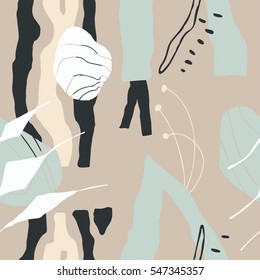 The seamless colorful pattern with shapes, lines, spots, imprints, dots and design elements. Hand drawn overlapping background for your design.Textile, blog decoration, banner, poster, wrapping paper.
