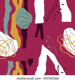 The seamless colorful pattern with shapes, lines, spots, imprints, dots and design elements. Hand drawn overlapping background for your design.Textile, blog decoration, banner, poster, wrapping paper.