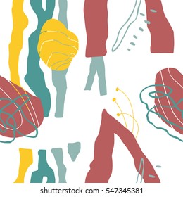 The seamless colorful pattern with shapes, lines, spots, imprints, dots and design elements. Hand drawn overlapping background for your design.Textile, blog decoration, banner, poster, wrapping paper.