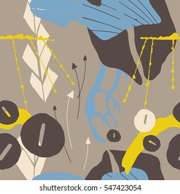 The seamless colorful pattern with shapes, lines, spots, imprints, dots and design elements. Hand drawn overlapping background for your design.Textile, blog decoration, banner, poster, wrapping paper.