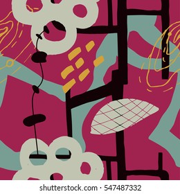 The seamless colorful pattern with shapes, lines, spots, imprints, dots and design elements. Hand drawn overlapping background for your design.Textile, blog decoration, banner, poster, wrapping paper.