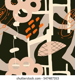 The seamless colorful pattern with shapes, lines, spots, imprints, dots and design elements. Hand drawn overlapping background for your design.Textile, blog decoration, banner, poster, wrapping paper.