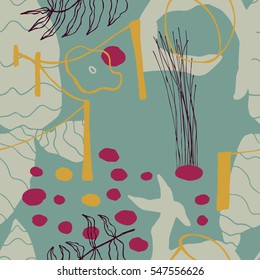 The seamless colorful pattern with shapes, lines, spots, imprints, dots and design elements. Hand drawn overlapping background for your design.Textile, blog decoration, banner, poster, wrapping paper