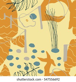 The seamless colorful pattern with shapes, lines, spots, imprints, dots and design elements. Hand drawn overlapping background for your design.Textile, blog decoration, banner, poster, wrapping paper