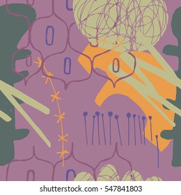 The seamless colorful pattern with shapes, lines, spots, imprints, dots and design elements. Hand drawn overlapping background for your design.Textile, blog decoration, banner, poster, wrapping paper.
