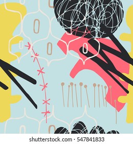 The seamless colorful pattern with shapes, lines, spots, imprints, dots and design elements. Hand drawn overlapping background for your design.Textile, blog decoration, banner, poster, wrapping paper.