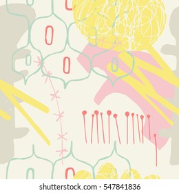 The seamless colorful pattern with shapes, lines, spots, imprints, dots and design elements. Hand drawn overlapping background for your design.Textile, blog decoration, banner, poster, wrapping paper.