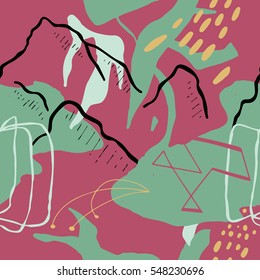 The seamless colorful pattern with shapes, lines, spots, imprints, dots and design elements. Hand-drawn overlapping background for your design.Textile, blog decoration, banner, poster, wrapping paper.
