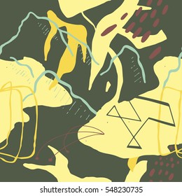 The seamless colorful pattern with shapes, lines, spots, imprints, dots and design elements. Hand-drawn overlapping background for your design.Textile, blog decoration, banner, poster, wrapping paper.