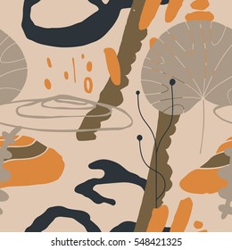 The seamless colorful pattern with shapes, lines, spots, imprints, dots and design elements. Hand-drawn overlapping background for your design.Textile, blog decoration, banner, poster, wrapping paper.