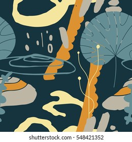 The seamless colorful pattern with shapes, lines, spots, imprints, dots and design elements. Hand-drawn overlapping background for your design.Textile, blog decoration, banner, poster, wrapping paper.