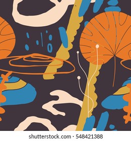 The seamless colorful pattern with shapes, lines, spots, imprints, dots and design elements. Hand-drawn overlapping background for your design.Textile, blog decoration, banner, poster, wrapping paper.