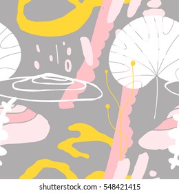 The seamless colorful pattern with shapes, lines, spots, imprints, dots and design elements. Hand-drawn overlapping background for your design.Textile, blog decoration, banner, poster, wrapping paper.