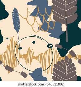 The seamless colorful pattern with shapes, lines, spots, imprints, dots and design elements. Hand-drawn overlapping background for your design.Textile, blog decoration, banner, poster, wrapping paper.