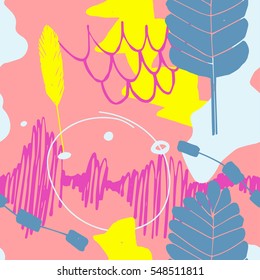 The seamless colorful pattern with shapes, lines, spots, imprints, dots and design elements. Hand-drawn overlapping background for your design.Textile, blog decoration, banner, poster, wrapping paper.