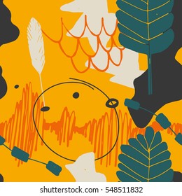 The seamless colorful pattern with shapes, lines, spots, imprints, dots and design elements. Hand-drawn overlapping background for your design.Textile, blog decoration, banner, poster, wrapping paper.