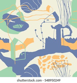 The seamless colorful pattern with shapes, lines, spots, imprints, dots and design elements. Hand-drawn overlapping background for your design.Textile, blog decoration, banner, poster, wrapping paper.