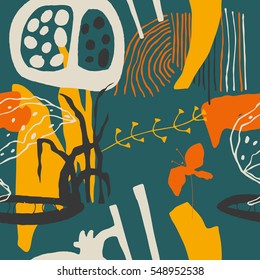 The seamless colorful pattern with shapes, lines, spots, imprints, dots and design elements. Hand-drawn overlapping background for your design.Textile, blog decoration, banner, poster, wrapping paper.
