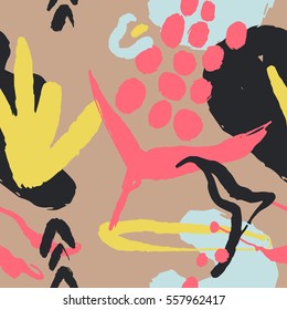 The seamless colorful pattern with shapes, lines, spots, imprints, dots and design elements. Hand-drawn overlapping background for your design.Textile, blog decoration, banner, poster, wrapping paper.