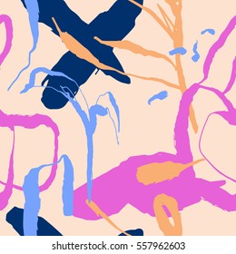 The seamless colorful pattern with shapes, lines, spots, imprints, dots and design elements. Hand-drawn overlapping background for your design.Textile, blog decoration, banner, poster, wrapping paper.