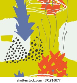 The seamless colorful pattern with shapes, lines, spots, imprints, dots and design elements. Hand drawn overlapping background for your design.Textile, blog decoration, banner, poster, wrapping paper.