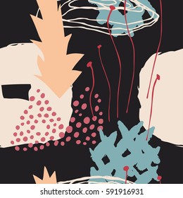 The seamless colorful pattern with shapes, lines, spots, imprints, dots and design elements. Hand drawn overlapping background for your design.Textile, blog decoration, banner, poster, wrapping paper.