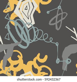 The seamless colorful pattern with shapes, lines, spots, imprints, dots and design elements. Hand drawn overlapping background for your design.Textile, blog decoration, banner, poster, wrapping paper.