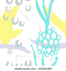 The seamless colorful pattern with shapes, lines, spots, imprints, dots and design elements. Hand drawn overlapping background for your design.Textile, blog decoration, banner, poster, wrapping paper.