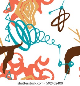 The seamless colorful pattern with shapes, lines, spots, imprints, dots and design elements. Hand drawn overlapping background for your design.Textile, blog decoration, banner, poster, wrapping paper.