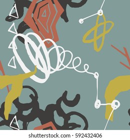 The seamless colorful pattern with shapes, lines, spots, imprints, dots and design elements. Hand drawn overlapping background for your design.Textile, blog decoration, banner, poster, wrapping paper.